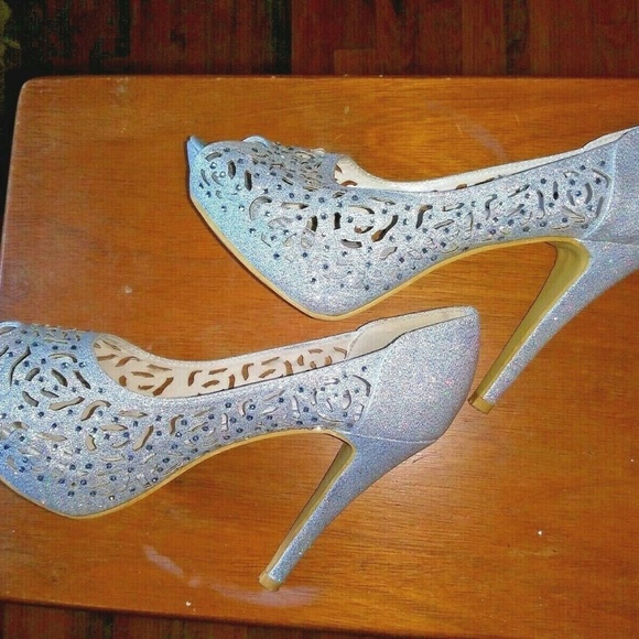 TOP Moda Silver stilettos Peep toe shimmery embellished fancy party Cinderella - Picture 9 of 11